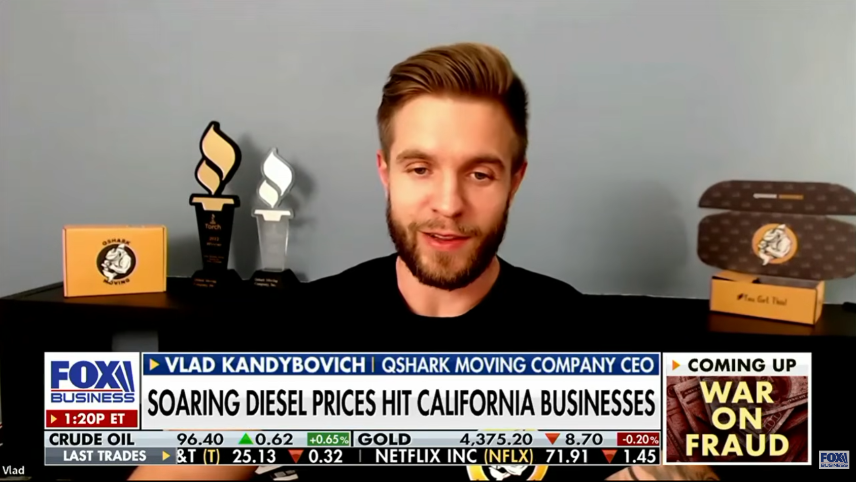 QShark Moving Company CEO Vlad Kandybovich on FOX Business discussing soaring diesel prices