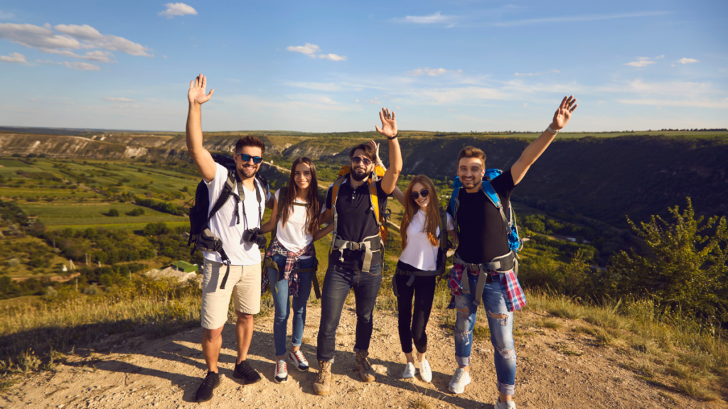 A picture of people enjoying outdoor adventures in San Diego, such as beaches and surfing, hiking trails and parks, and biking and skateboarding