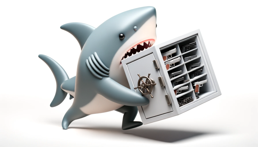 a picture of a shark with a gun safe