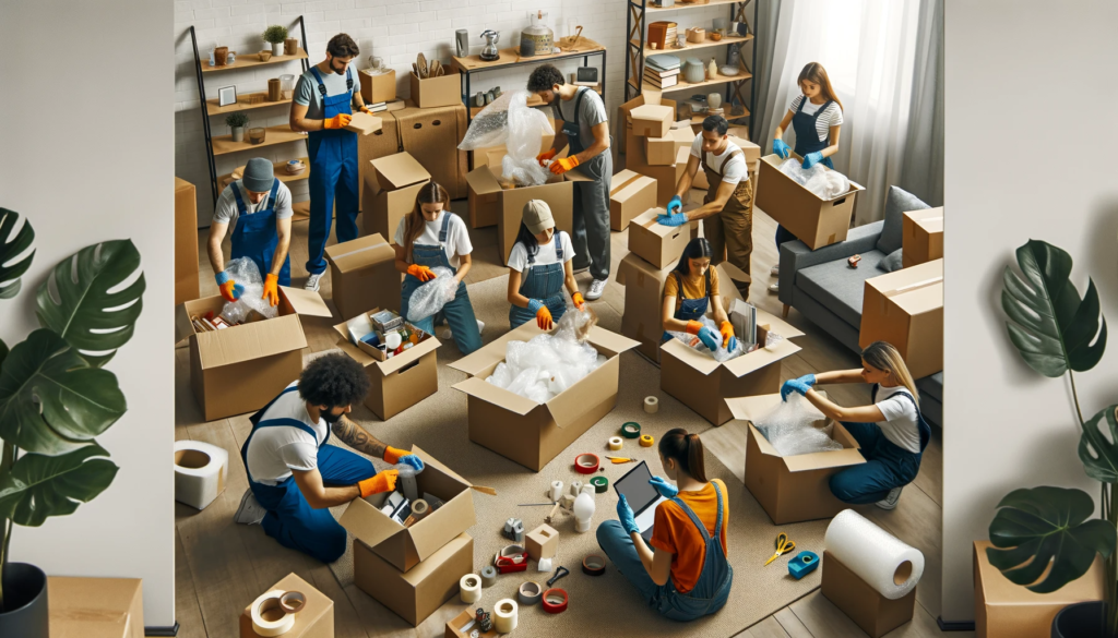 a team of movers packing items into the boxes