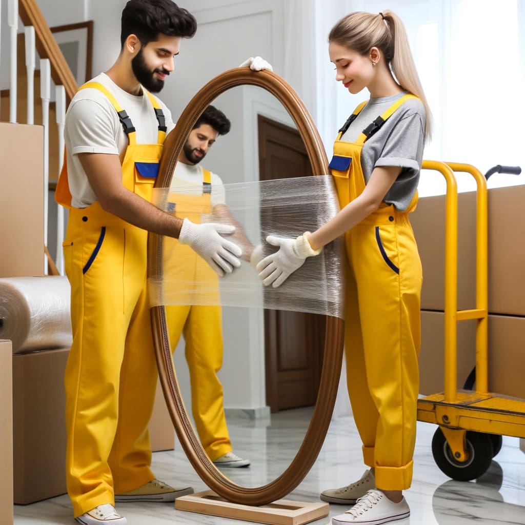Professional movers packing fragile items like mirrors