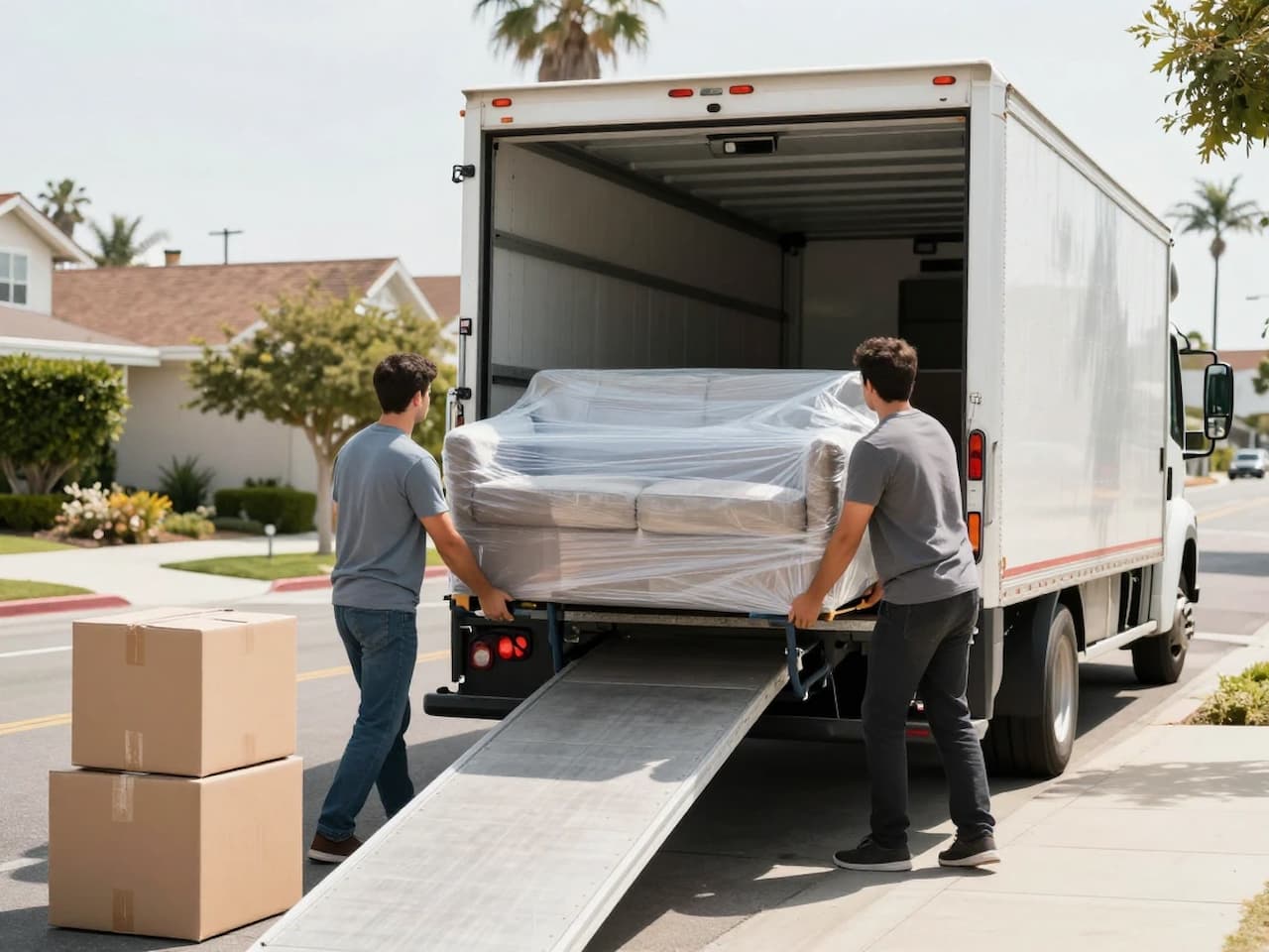 Movers loading a wrapped sofa into a truck for an across-town move in San Diego