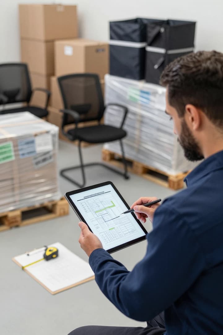 Estimator reviewing a commercial move plan with staged and wrapped office items