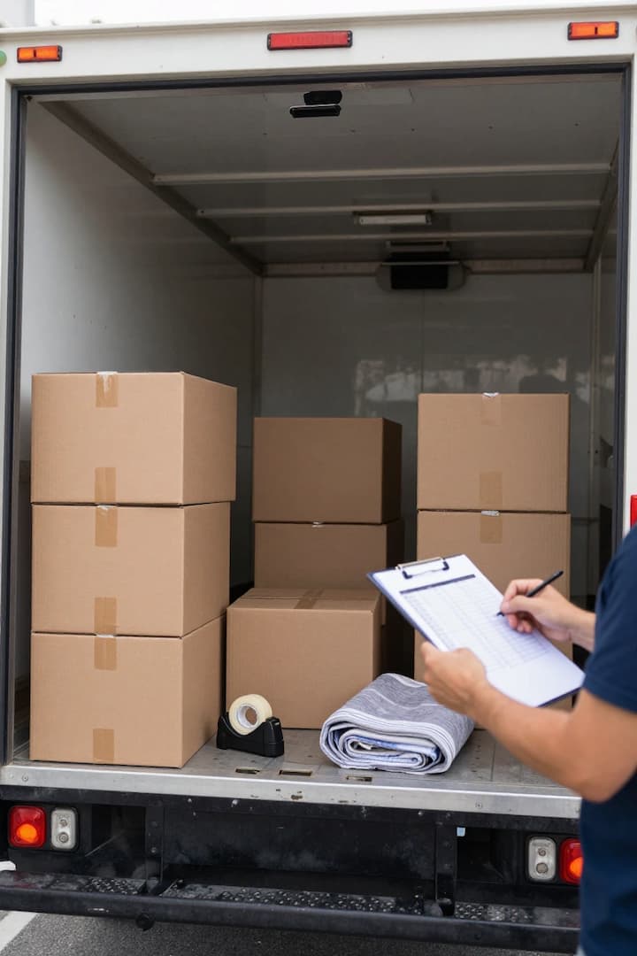 Moving boxes and an item checklist used to estimate long-distance moving costs