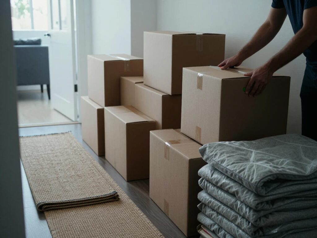 Boxes staged by room with color dots for a same-day move
