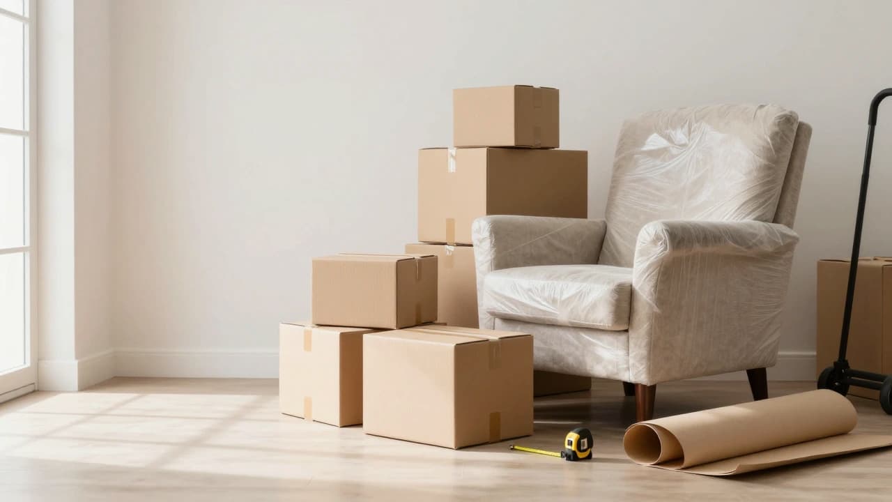 Moving boxes and protected furniture prepared for a move in San Diego