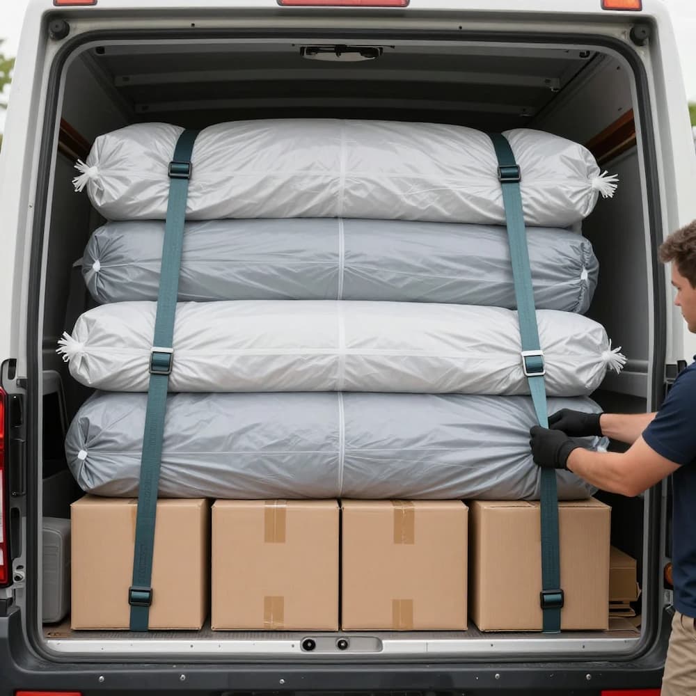 Professional San Diego movers securing furniture with straps inside a moving truck