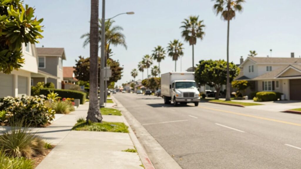 Sunny San Diego neighborhood scene with a moving truck in the distance