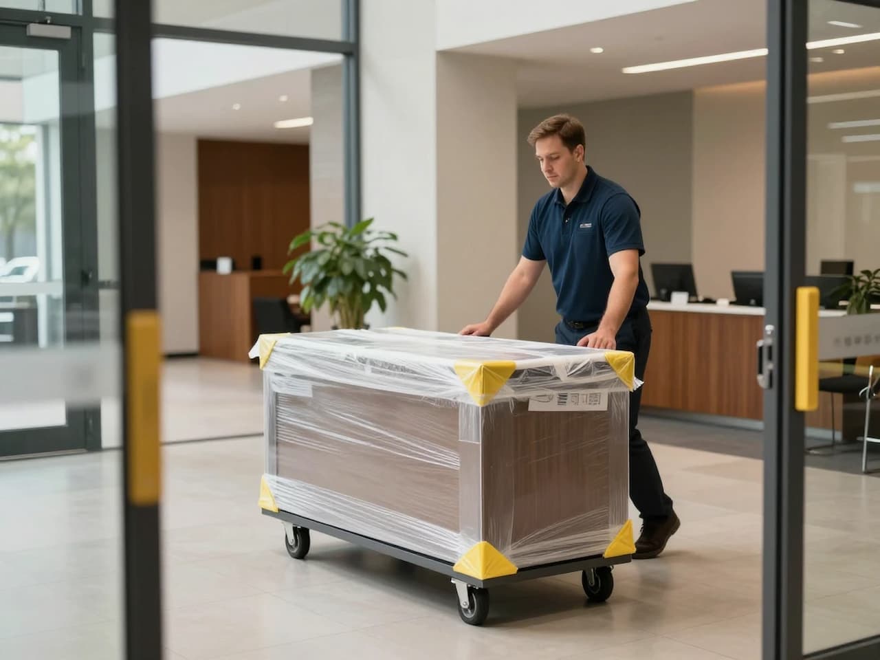 Wrapped office desk and chair being moved safely through a modern office lobby