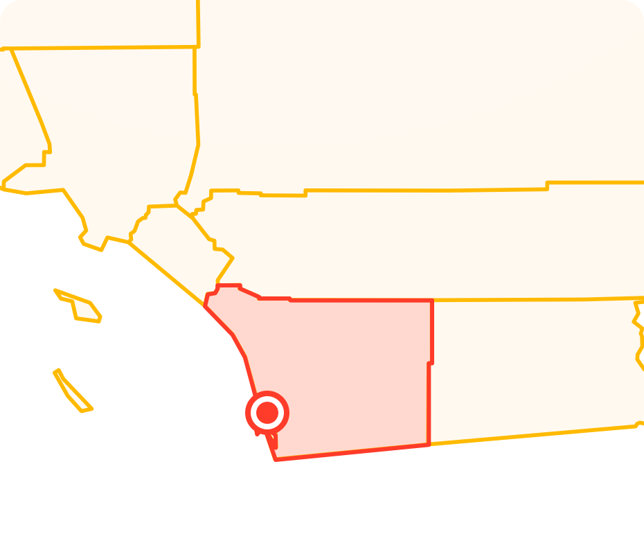 A circle pointing to San Diego on the map of California, where Qshark movers San Diego is located