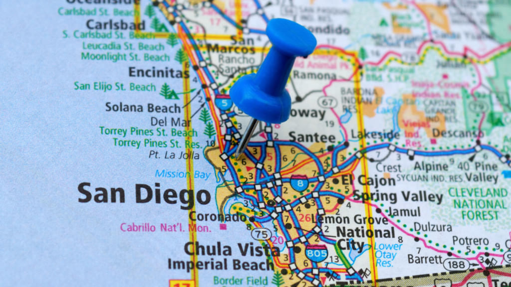A map of San Diego, California, located on the Pacific Coast of the United States