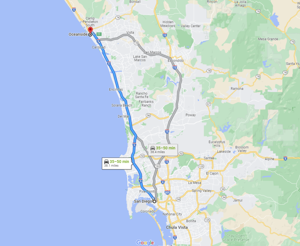 the map showing how far is oceanside from san diego