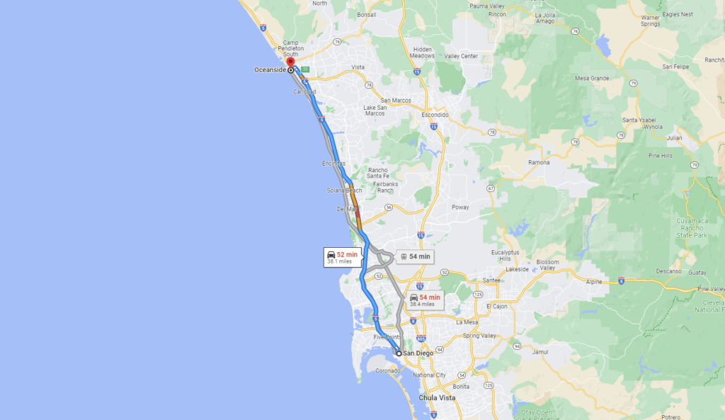 a map showing How Far Is Oceanside From San Diego