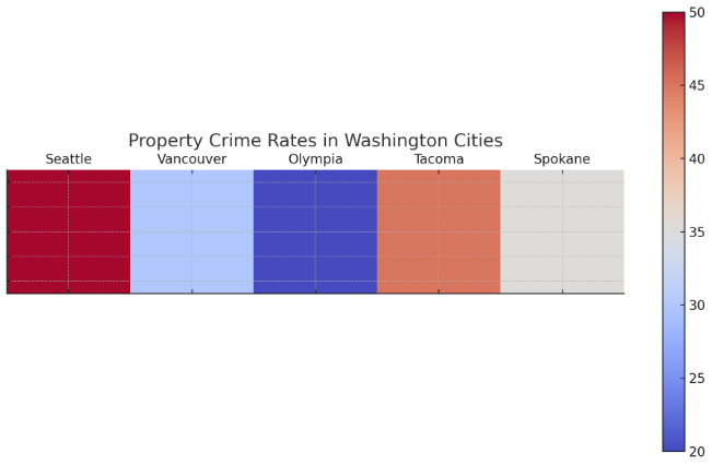 This heat map illustrates property crime rates in different cities across Washington. Seattle and Tacoma register higher rates, making them areas to be cautious about when planning your move.