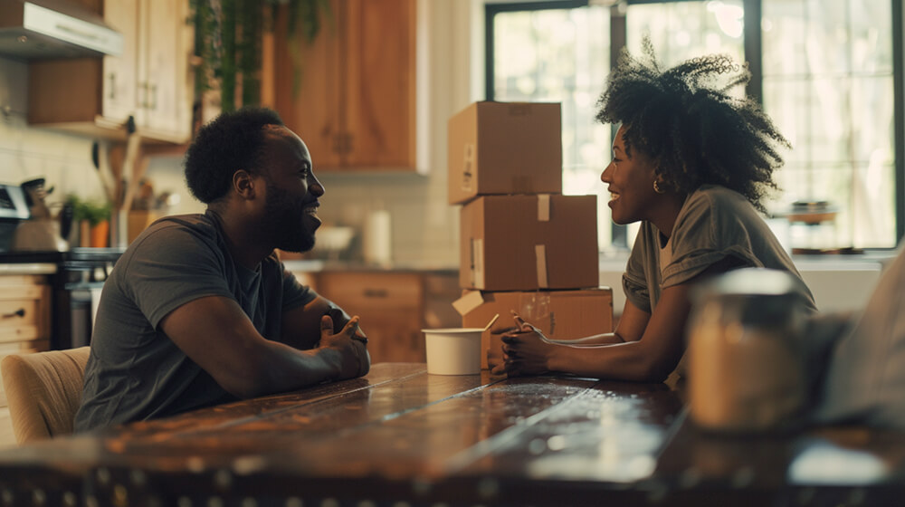 A couple having a conversation at the kitchen table