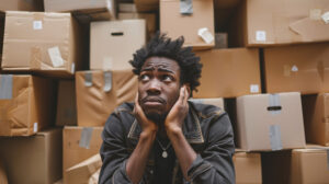 A stressed out man sitting in front of a large pile of boxes