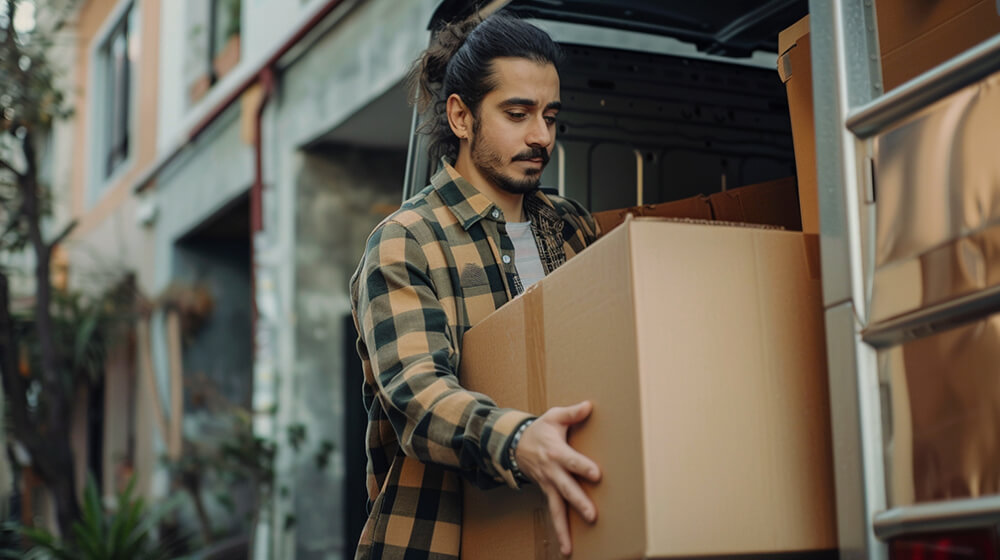 Man placing a box inside a truck