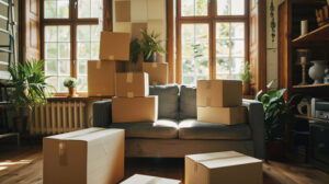 Moving boxes scattered across a living room