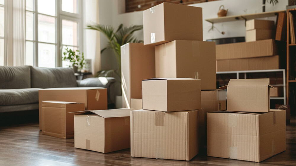 A stack of moving boxes in a living room