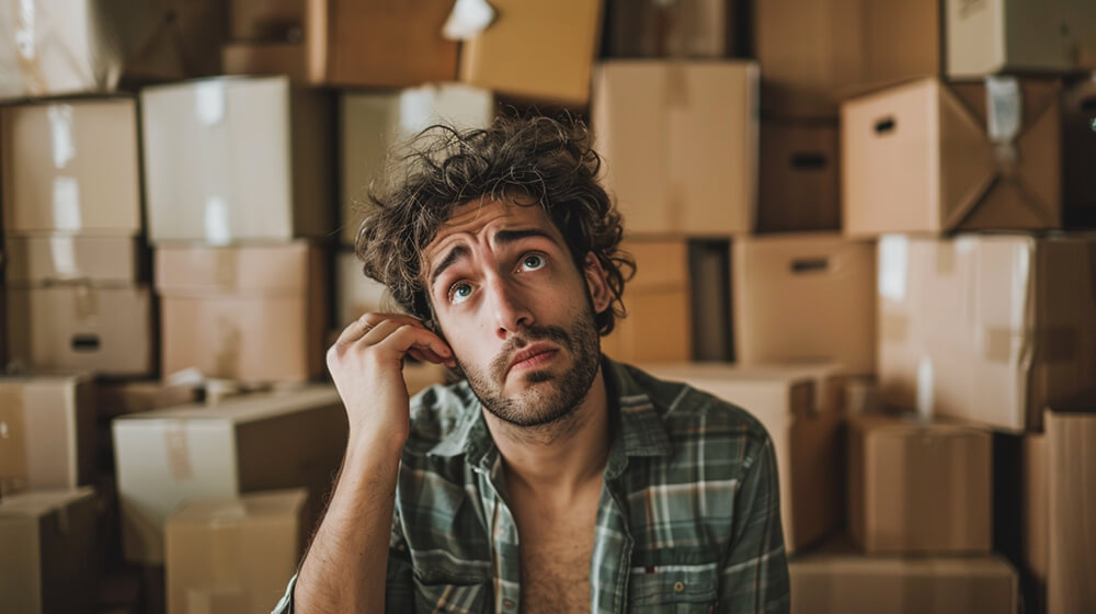 A man deep in thought, sitting in front of a pile of moving boxes