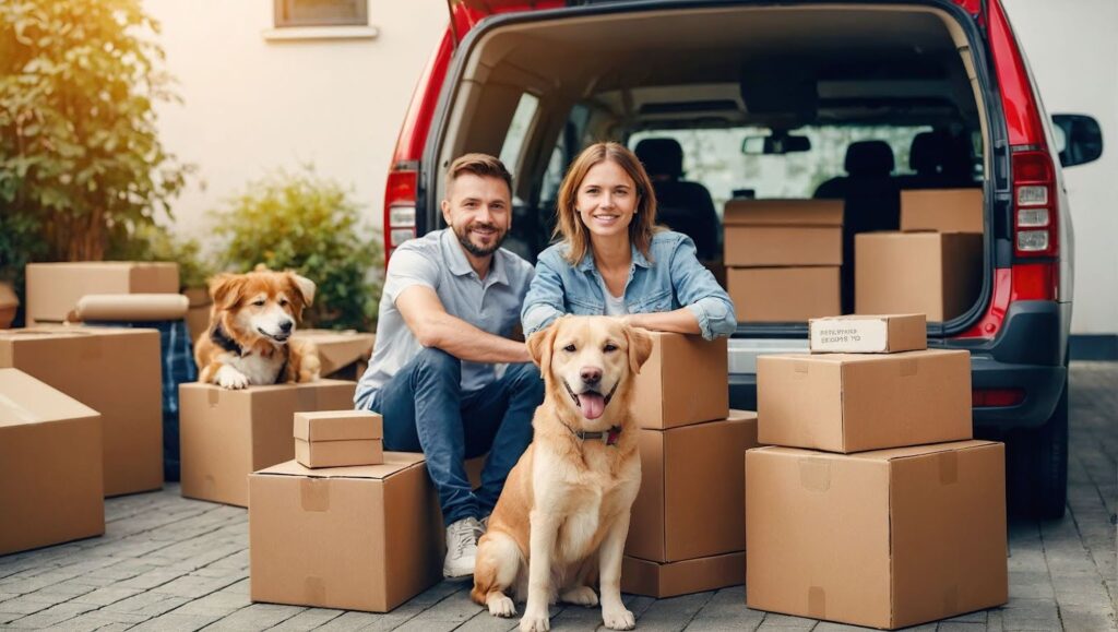 A couple with two dogs next to a car surrounded by packing boxes