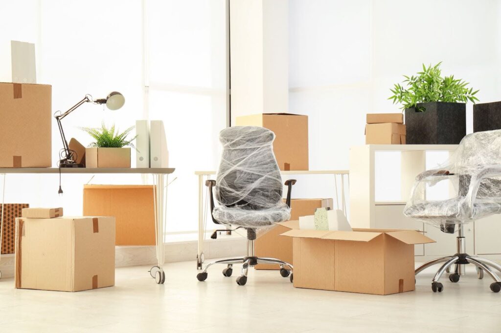 Boxes and furniture in a new office