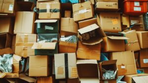 A cluttered space filled with a variety of stacked and scattered cardboard boxes