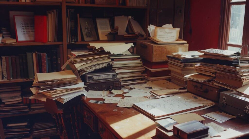 A cluttered desk filled with papers, books, and other objects