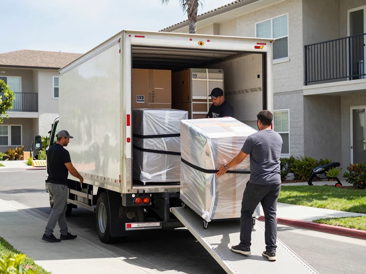 Movers loading wrapped furniture into a truck for a cross-country move from San Diego