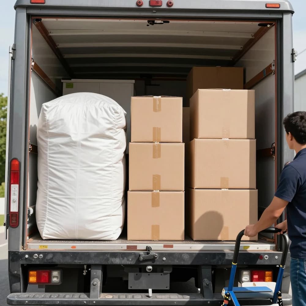 Movers organizing protected furniture and boxes inside a truck during a local move in San Diego