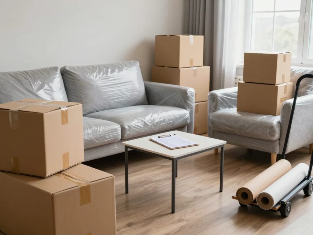 Wrapped furniture and organized boxes staged for a cross-country move