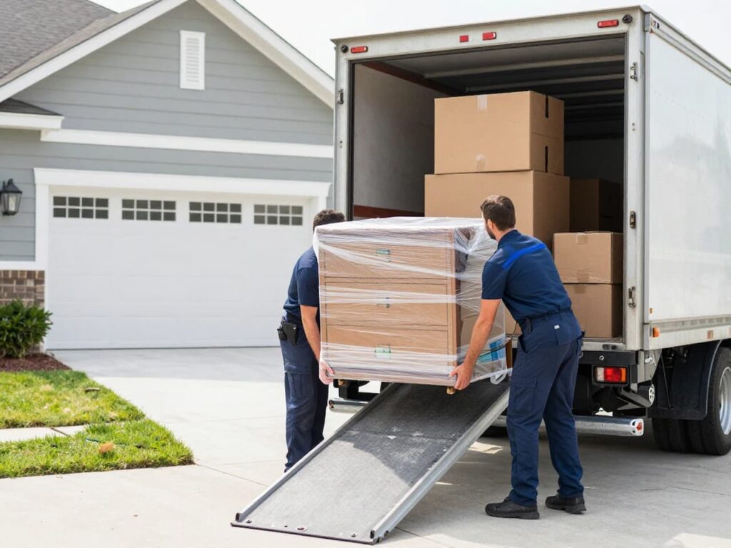 Movers unloading protected furniture at the destination after a cross-country move