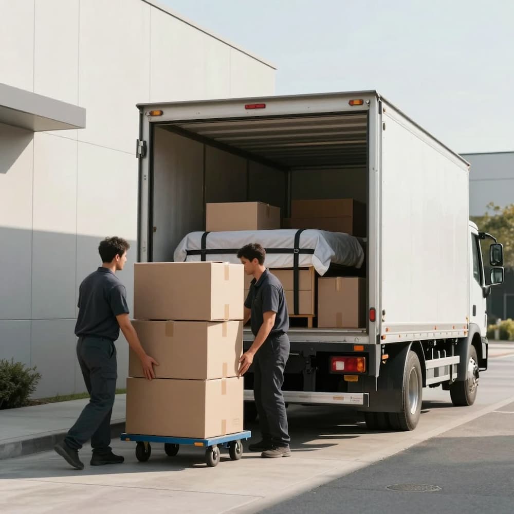 Dolly with moving boxes being loaded into a truck during a local move in San Diego