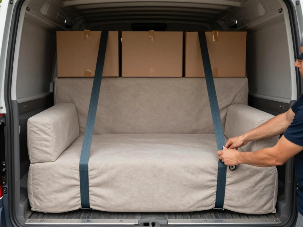 Padded furniture and boxes secured with straps inside a moving truck