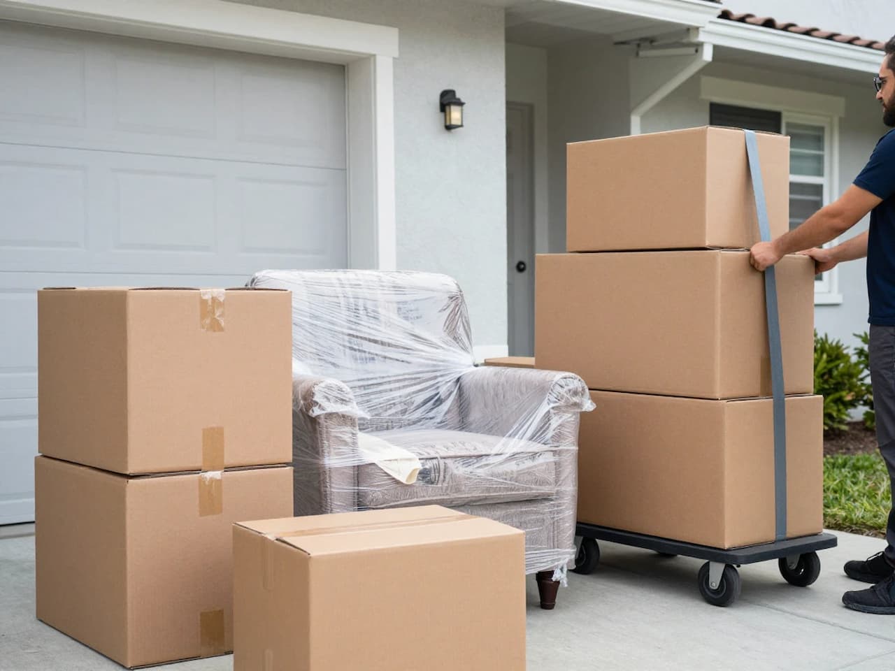 Organized boxes and wrapped furniture staged for an interstate move pickup
