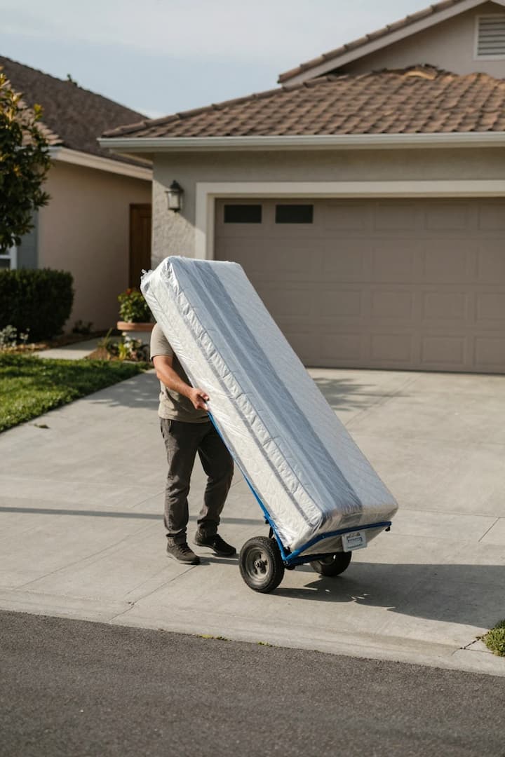 Mover using a dolly to transport a wrapped mattress during a local move in San Diego
